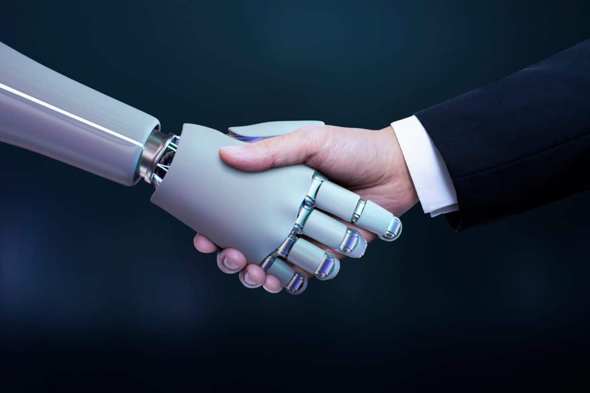 Business hand robot handshake, artificial intelligence digital transformation