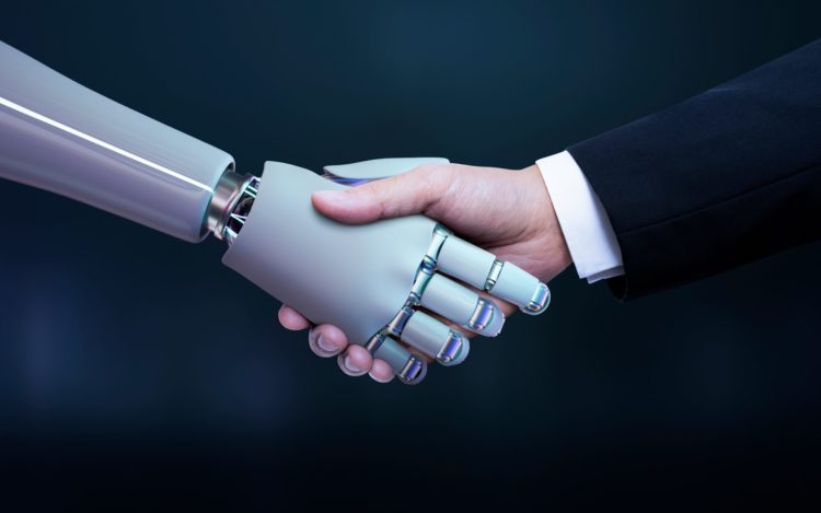 Business hand robot handshake, artificial intelligence digital transformation