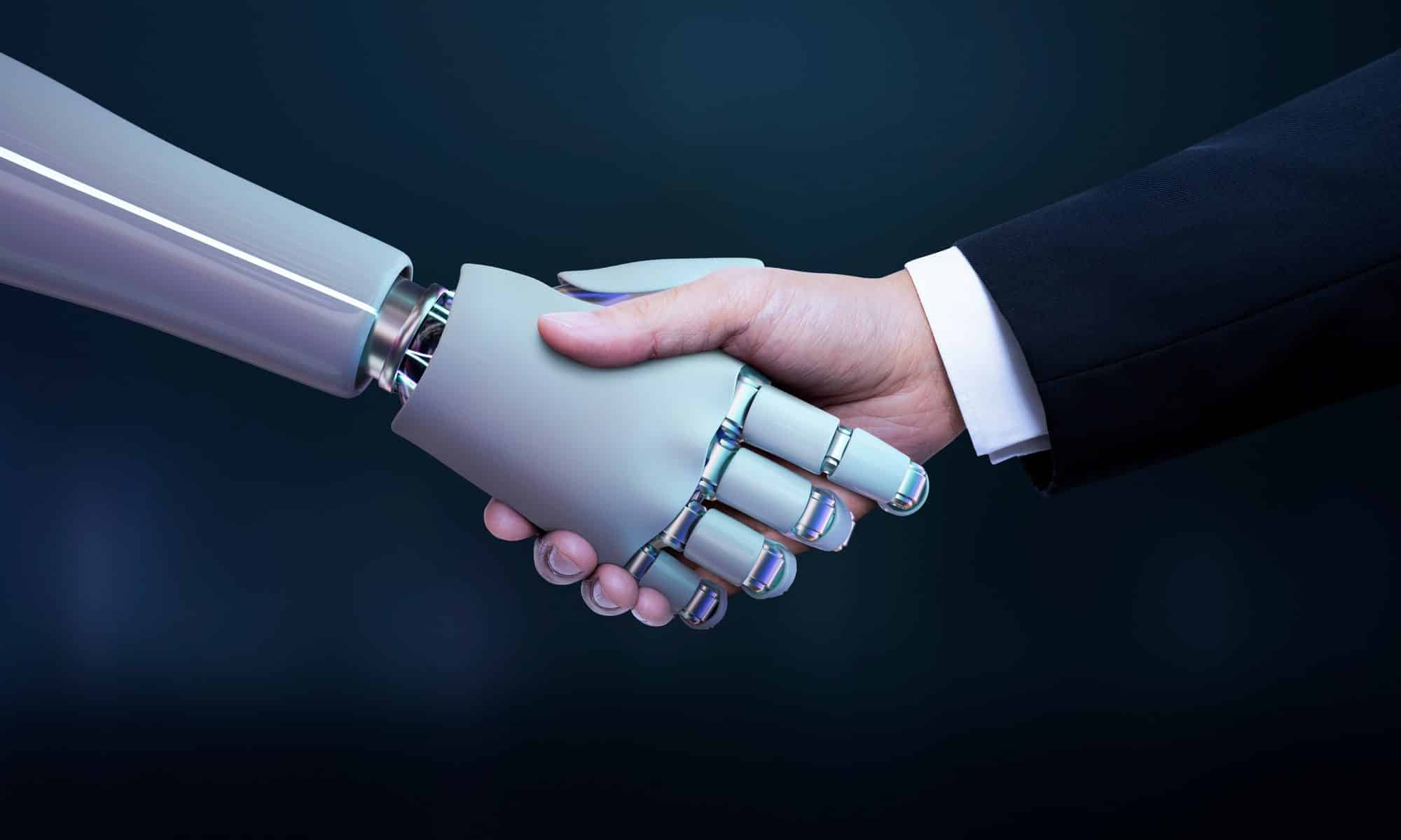 Business hand robot handshake, artificial intelligence digital transformation