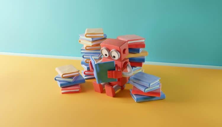 Clay robot reading a book