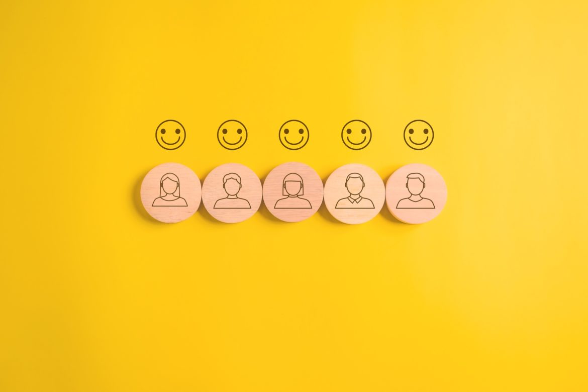 Happy smile face emotion and correct icons on background, Customer service evaluation