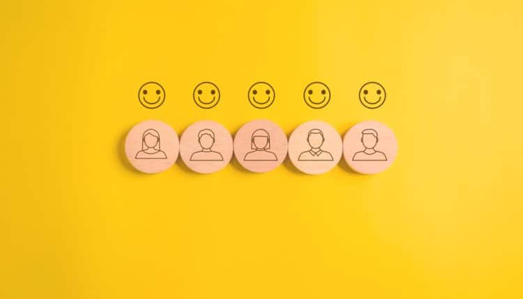 Happy smile face emotion and correct icons on background, Customer service evaluation
