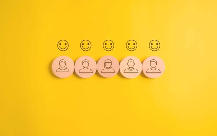 Happy smile face emotion and correct icons on background, Customer service evaluation