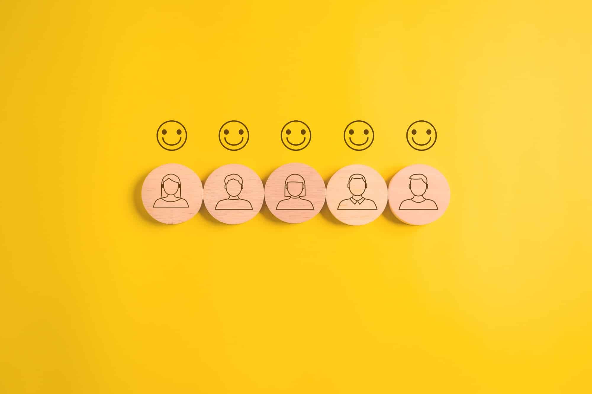 Happy smile face emotion and correct icons on background, Customer service evaluation