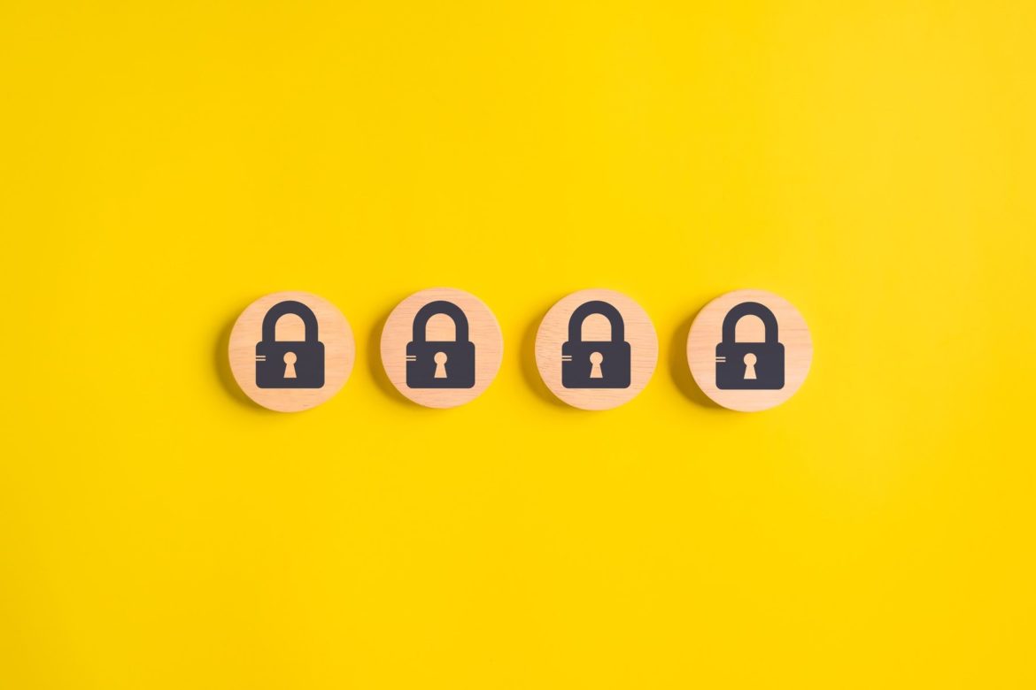 lock on wooden isolate background. privacy security lock. protect data.