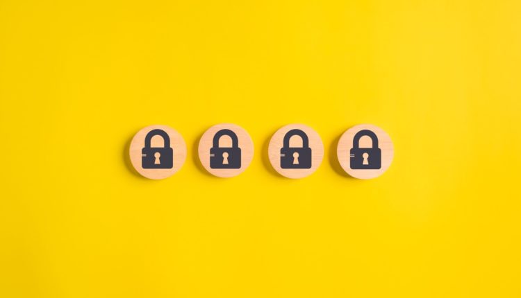 lock on wooden isolate background. privacy security lock. protect data.