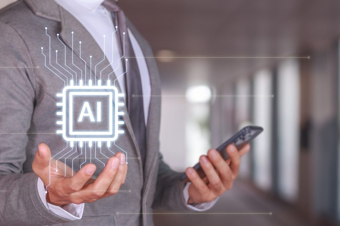 Businessman Holding Smartphone with AI Technology Concept in Modern Office