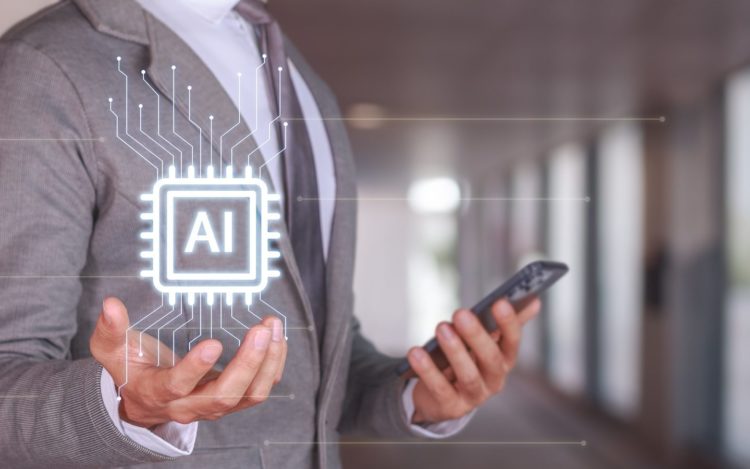 Businessman Holding Smartphone with AI Technology Concept in Modern Office