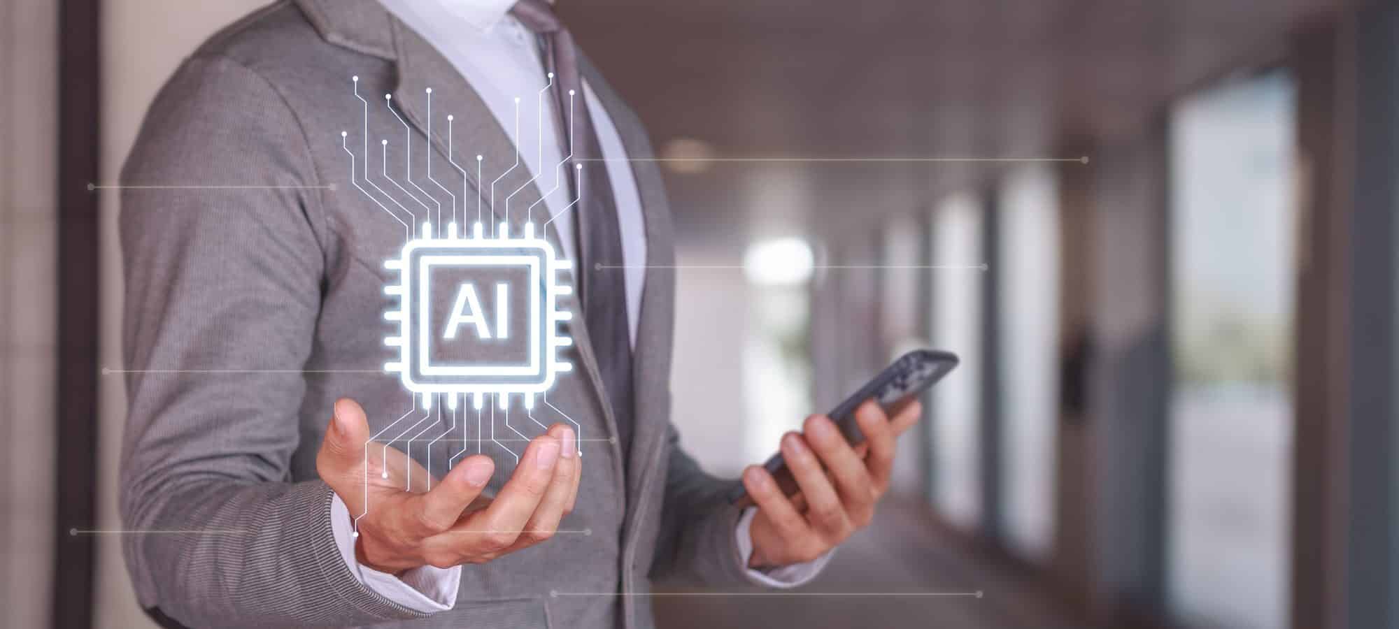 Businessman Holding Smartphone with AI Technology Concept in Modern Office
