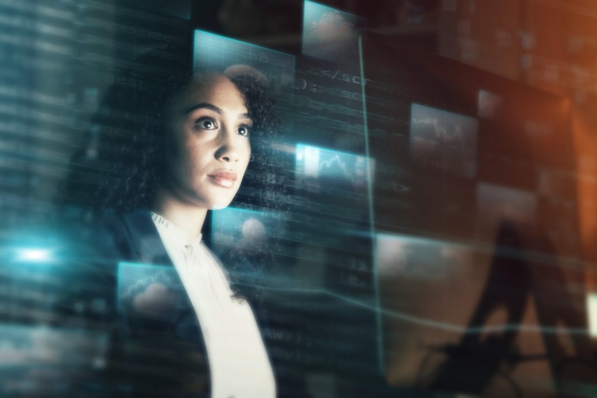 Futuristic, AI and business woman, iot and connectivity, cyber data overlay and technology innovati