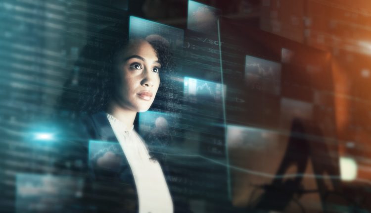 Futuristic, AI and business woman, iot and connectivity, cyber data overlay and technology innovati